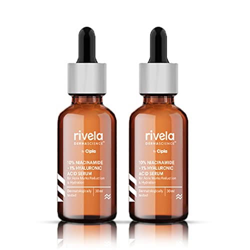 Image of Rivela Dermascience by Cipla 10% Niacinamide + 1% Hyaluronic Acid Serum | Reduces Acne Marks, Blemishes | Promotes Hydration | Evens Skin Tone | Balances Oil Production | 30ml | Pack of 2