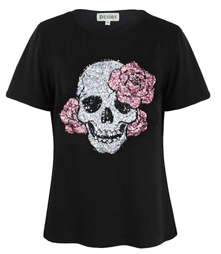 Image of PESION Womens Short Sleeve T-Shirt Sequined Tops O-Neck Funny Graphic Tees Blouse