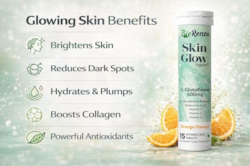Image of L-Glutathione 600mg Effervescent Tablets for Skin Glow | With Hyaluronic Acid, Vitamin C, E & A | Skin Brightening & Anti-Oxidant Support | Orange Flavour | 15 Tablets (Pack of 3)