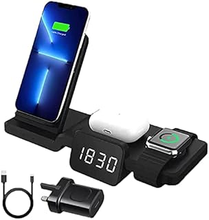 BAMEEY iPhone Wireless Charger 3 in 1 Wireless Charging Station,Wireless Charger Stand iphone 14/13/12MaxPro, Airpods2/3/pro,Iwatch7/6,Apple Wireless Charging Dock with USB C & Clock(Adapter included)