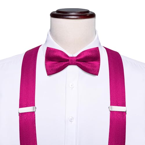Image of Hi-Tie Men Suspender Bowtie Set Suspenders Pre-tied Bow Tie Pocket Square Cufflinks Adjustable Y Shape 6 Clips Braces Tuxedo