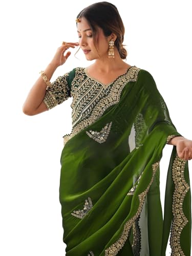 Image of Satrani Women's Tissue Silk Sequin Embroidery Scalloped Border Saree with Unstitched Blouse Piece