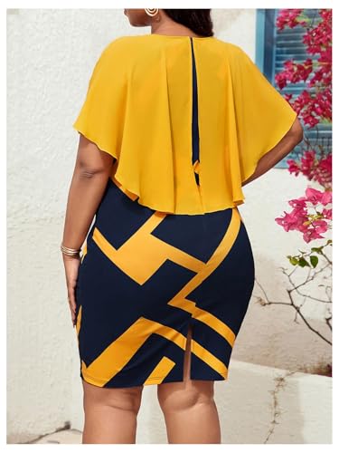 WDIRARA Women's Plus Size Geo Print Ruffle Cloak Sleeve Bodycon Dress Knee Length Pencil Dresses3