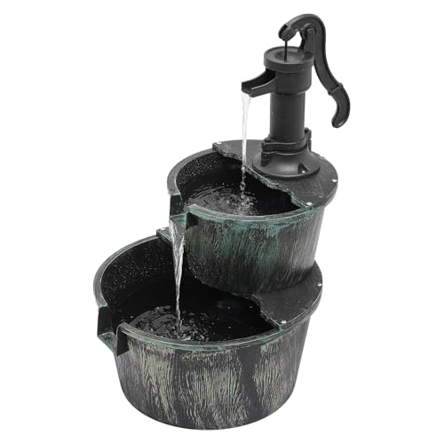 Magshion Barrel and Pump Water Fountain, Freestanding Cascading Waterfall Fountain with Electric Recirculating Pump, 2-Tier Water Feature Decor for Garden, Patio, Backyard, or Porch, Dark Green