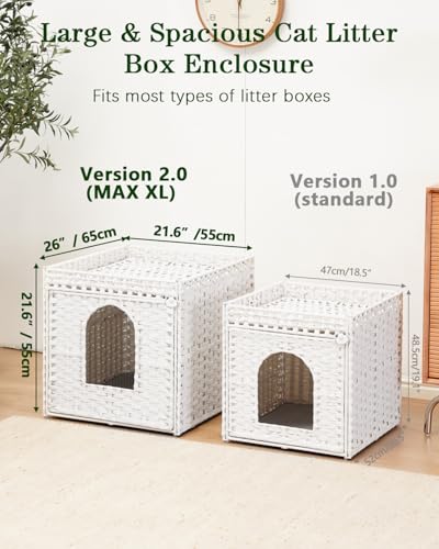 Image of SETVSON Cat Litter Box Enclosure Furniture, Large PE Rattan, White | Large PE Rattan Kitty House fits Large Litter Boxes, Top Fence, Included Litter Mat, 2 S-Hooks, Sturdy Metal Frame