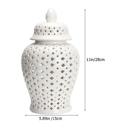 VOSAREA Ginger Jar Traditional Pierced Ginger Jar with Lid Ceramic Vase Carved Lattice Decorative Temple Jar White Ginger Jars for Home Decor by VOSAREA - Image 2