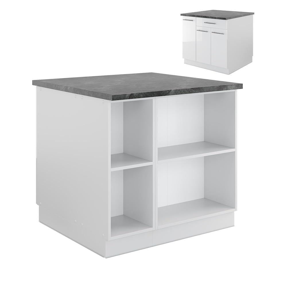 Vicco Kücheninsel Fame-Line, Weiß Hochglanz/Weiß, 90 cm mit Schublade, ohne Arbeitsplatte, kombinierbar mit weiteren Modulen derselben Serie