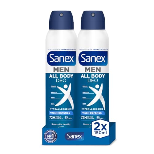 Miniatura 8 de Sanex Spray Men Todo el Cuerpo Deo Frescor Total 150ml, Desodorante Manos, Axilas, Cuerpo y Pies, 72H Protección contra Olor Clínicamente Probada, Hipoalergénico, Delicado con Piel (Paquete de 2)