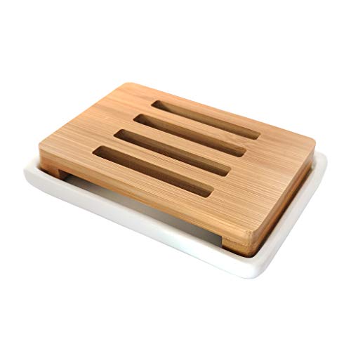 Lofekea Porte-Savon en céramique Porte-Savon en Bambou pour Salle de Bain et Douche boîte de Savon de Drainage à Double Couche