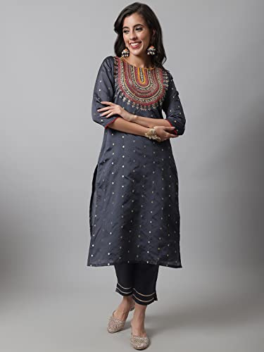 Image of VredeVogel Women's Silk Blend Embroidered Straight Kurta Trouser with Dupatta Set