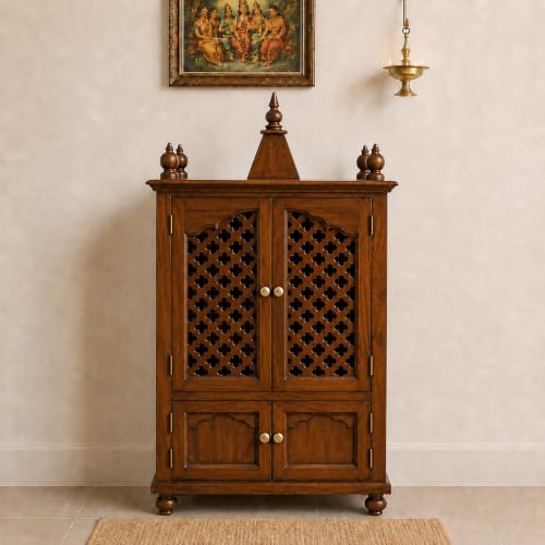 Image of Varsha Furniture Sheesham Wood Temple for Home with Doors and Storage Cabinet s | Home Puja Mandir