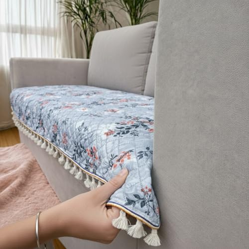 Image of Homerz Premium Printed Quilted Velvet Sofa Slip Cover Protector with Tassels, Sofa Mat, Exact Size, Antislip Cover (Grey Autumn, 5 (3+1+1) Seater, Half)