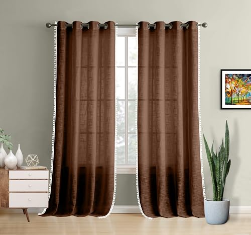 Image of THE LINEN COMPANY Cotton Sheer Grommet Curtains with Side Border Pompom Sheer Curtain for Long Door Linen Textured, Light Filtering, Pack of 2 (Brown, 8 Feet)