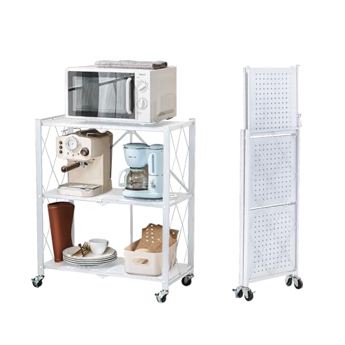 Image of BRIAN & DANY 3-Tier Foldable Storage Shelves with Wheels, No Assembly Folding Shelf Metal Rack, Shelving Unit for Kitchen, Garage, White