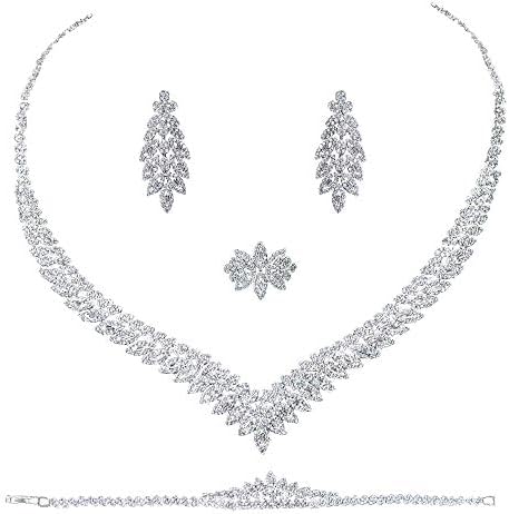 Jorsnovs 4pcs Formal Indian Bridal Jewelry Cubic Zirconia Bridesmaid Necklace and Earrings Bracelet Ring Set Wedding Prom Party for Women Evening Wear