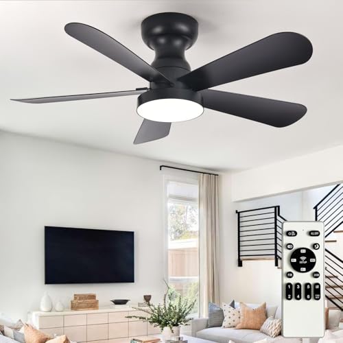 Image of Depuley Black Ceiling Fan with Lights: 35-Inch Flush Mount Fan with Light and Remote - Low Profile Ceiling Fans Reversible Quiet DC Motor for Bedroom Living Room Indoor Outdoor