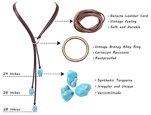 Pernnla Pearl Vintage Turquoise Pendant Necklace On Genuine Leather Cord Strand Girls Long Lariat Necklace Handmade Y-Shaped Jewelry For Women Boho Gemstone Necklace On Valentine’s Day #TOP5
