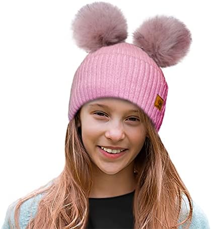 4sold Ribbed Striped Thermal Insulating Bobble Funny Beanie Baby Kids Girls Boys Hat Wool Knitted with Pom Pom Winter Warm SKI Snowboard Hats