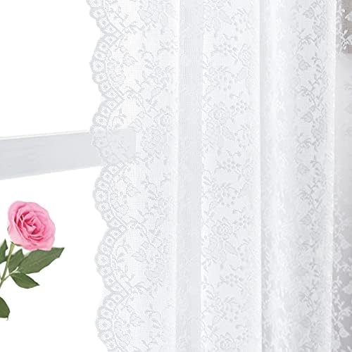 FINECITY White Lace Curtains 63 Inch Length - Shabby Chic Floral Tile Pattern Sheer Lace Curtains for Bedroom Top Pocket Header Lightweight Lace Window Curtains, 52 x 63 Inch, 2 Panels, White