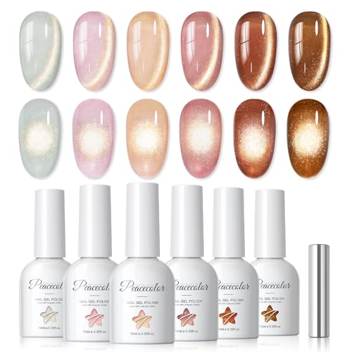 PEACECOLOR UV Nagellack Cat Eye UV Gel 10ML - 6 Farben Silber Rosa Nude Braun Gellack mit Magnet Cat Eye Nagellack Gel Nail Polish Soak Off Maniküre Nail Art Salon DIY