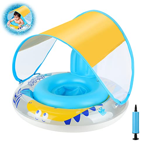 Coikes - Asiento de Piscina para bebé con sombrilla Desmontable Doble airbags Dinosaurio, Inflable para niños Anillo de natación con Bomba, Regalo para 3-36 Meses