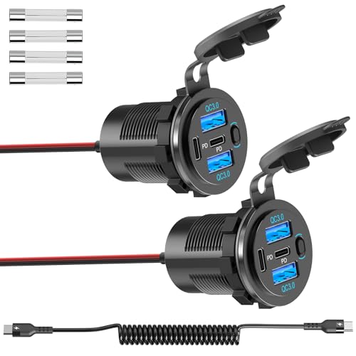 2PACK 90W Dual PD & Dual Quick Charge 3.0 Qidoe USB C 12V Outlet,4 Port with Power Switch, Car Charger Socket for RV Boat Marine Truck Motorcycle