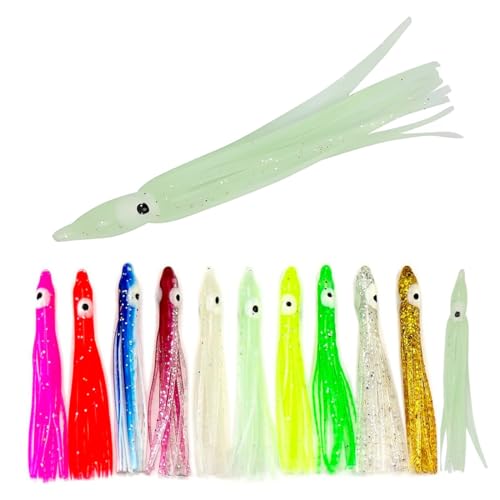 Señuelos de Pesca, 12 Piezas Kits de Señuelos Pesca Artificiales Articulos de Pesca para Pulpo Suave Atún Pez Vela Cebo, Faldas de Calamar de Goma