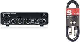 Behringer UMC22 audiophile 2x2 USB audio interface with Midas microphone preamp & Stagg SMC3 3m XLR to XLR Plug Microphone Cable, Black