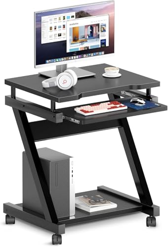 SogesHome Mobiler Computertisch mit Rollen und Tastaturauszug – Kleiner PC-Tisch mit Ablage für Tower, Schreibtisch für Home Office oder Büro, Schwarz