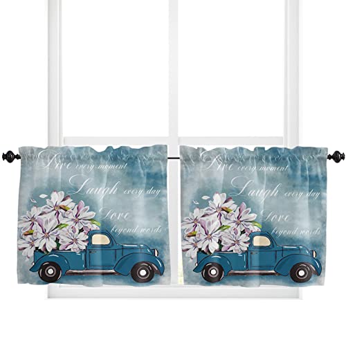 Vintage Blue Truck Floral Window Curtain Panels Set of 2, Rod Pocket Drapery Curtains for Kids Bedroom Living Room Kitchen Basement, Washable Valance Window Drapes, Magnolia Flower, 27.5x36inch