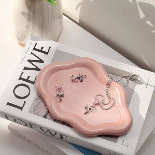 Image of Jewelry Dish Trinket Tray for Women, Ring Dish Holder, Unique Cloud Shape Ceramic Plate Cute Things Vanity Aesthetic Room Decor Mother's Day Birthday (Pink)