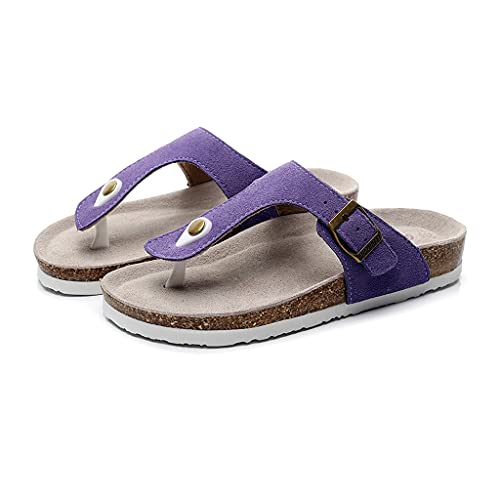 GHYUB Flip Flop Sandals for Women,Slippers with Arch Support,Real Cowhide Cork Slippers Summer Wear Fashion All-Match Women's Shoes New Sandals Beach Sandals Flip-Flops (Color : Purple, Size : EUR38)