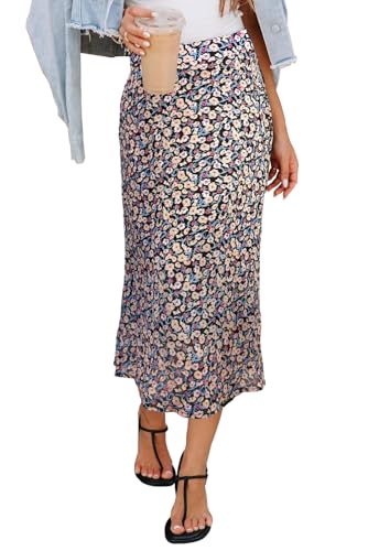 Image of HERBATOMIA Women's Floral Print Midi Skirt Casual High Elastic Waist Zipper Vintage Long Boho Skirts for Women