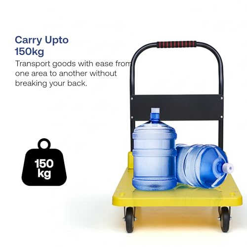 Image of BonKaso 150Kg Heavy-Duty Platform Trolley | Foldable Metal Hand Truck with 4 360 Rotating TPR Wheels & Cushioned Grip Handle | Industrial, Warehouse, Office & Home Use (68.5x47x77.5cm) Yellow
