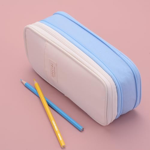 Image of Large Capacity Canvas Pencil Case Organizer Holder Pouch Bag with Zipper Compartments, Pen Cases for Women Girls School Adults (Beige /Blue)