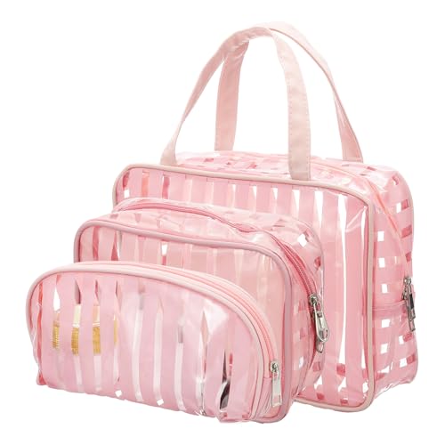 Sac à maquillage cosmétique transparent PATIKIL (lot de 3) en PVC rose pour voyage
