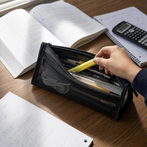 Image of MYADDICTION Lucky Transparent Mesh Double-Layer Pencil Pouch Large Capacity Student Exam Portable Stationery Bag Black