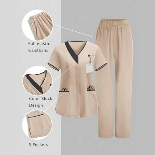 Image of 2026 Scrub for Cleaning Jobs Uniform, Multi Pockets Scrubs for Women Sets, V-Neck Top & Straight Leg Pants Scrubs Set
