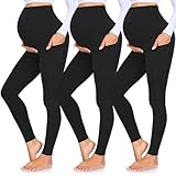GROTEEN 3 Pack Women's Maternity Leggings Over The Belly with Pockets Buttery Soft Workout Pregnancy Yoga Pants Black/Black/Black