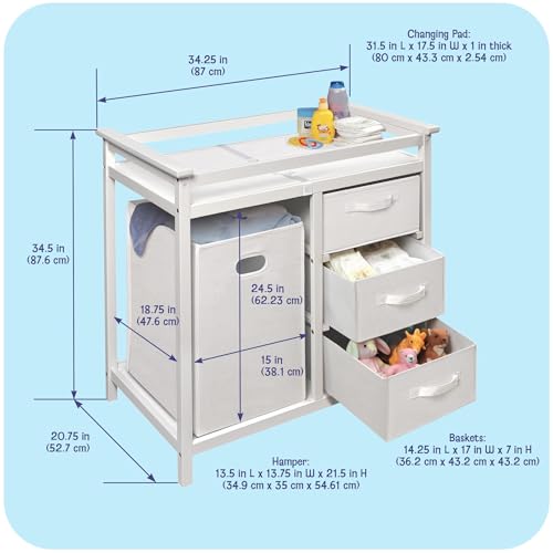 Image of Badger Basket Modern Baby Changing Table - Nursery Furniture with Laundry Hamper and 3 Storage Drawers - Diaper Changing Station with Safety Belt, Changing Pad, and Organizer Baskets - White