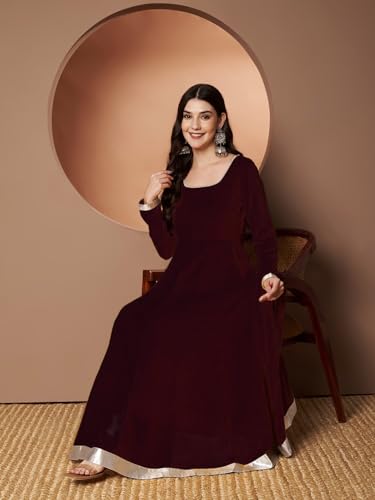 Image of KZA Women's Georgette Hand Embroidered Flared Anarkali Suit for Women | Full Sleeves Flare Anarkali Dress for Woman | Ethnic Flared Anarkali Kurta for Women