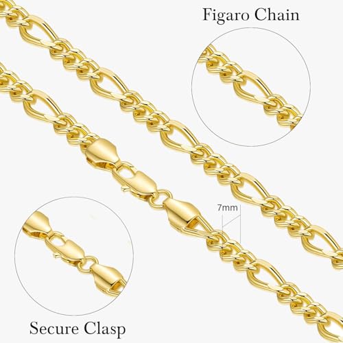 Necklaces 14K Gold Necklace for Women Non Tarnish Gold Necklaces for Mens Necklace Chain 7mm Figaro Chain for Men Available 16 ” to 26 ”4