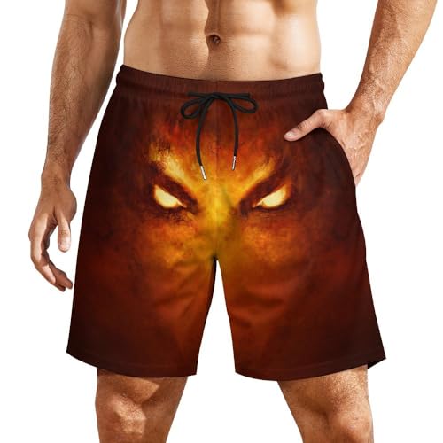 Mens Swim Trunks with Compression Liner, Men's Swimwear Devil Eyes Printed Beach Board Shorts