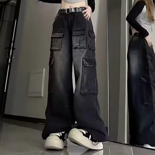 Summer Plus Size Baggy Straight Wide Leg Jeans for Women Unisex Washed Black Multi-Pocket Cargo Denim Pants3