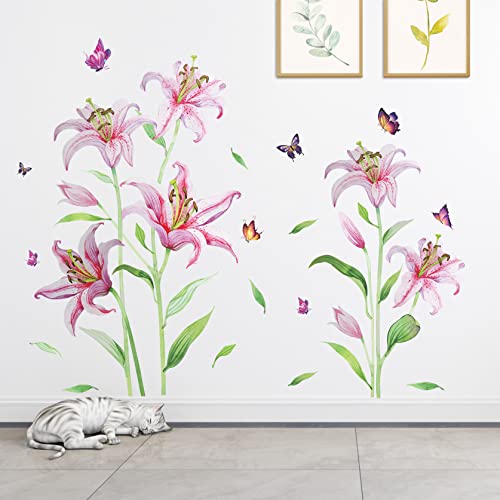6 Pcs Pink Lilys Wall Decals Spring Flowers Wall Decal Blooming Floral Wall Stickers Diy Removable Natural Plants Wall Art Murals For Girls Baby Kids Bedroom Living Room Tv Background Home Decor #TOP4