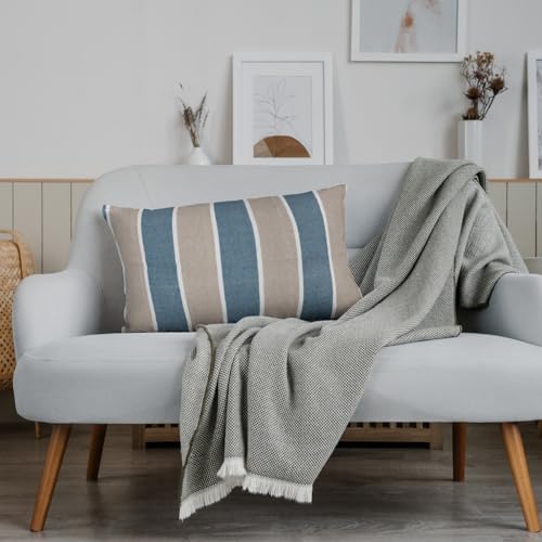 Image of 180 TC Pillow Cover Set of 2 | Pillow Cover Cotton 100% | Pillow Cover Set of 2 King Size | Wrinkle Free & Fade Resistance | Striped Pattern | Standard Size | All Season Use (Blue & Grey)