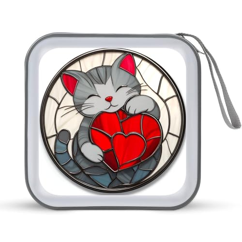 DuduYH Stained Glass Gray Cat Red Heart CD Case DVD Storage Case Portable for Car Home Travel