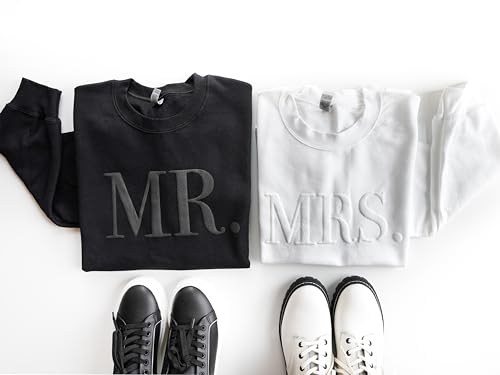 Up2ournecksinfabric - Mrs and Mr Sweatshirt - Honeymoon Outfit - Bridal Shower Gift - Mrs Sweatshirt - New Mrs Gift - Groom Sweatshirt White