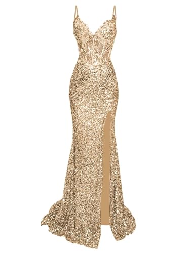 Sparkly Sequin Prom Dresses Long Mermaid Spaghtti Straps V Neck Applique Corset Ball Gown