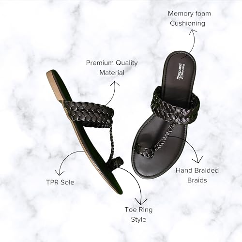 Image of Women's Round Toe Flats Sandal | Hand Braided Toe Ring Sandals | Dailywear Slippers Under 500 | Open Toe Kolhpauri Style chappal for Ethnic and Casual Occassions.